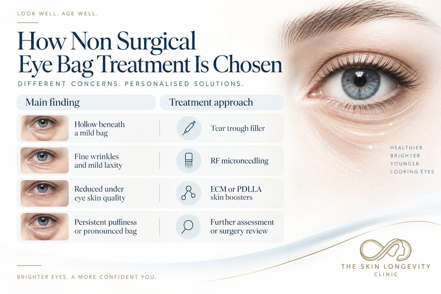 How non surgical eye bag treatment is chosen: tear trough filler for a hollow beneath a mild bag, RF microneedling for fine wrinkles, ECM or PDLLA skin boosters for skin quality, surgical review for a pronounced bag