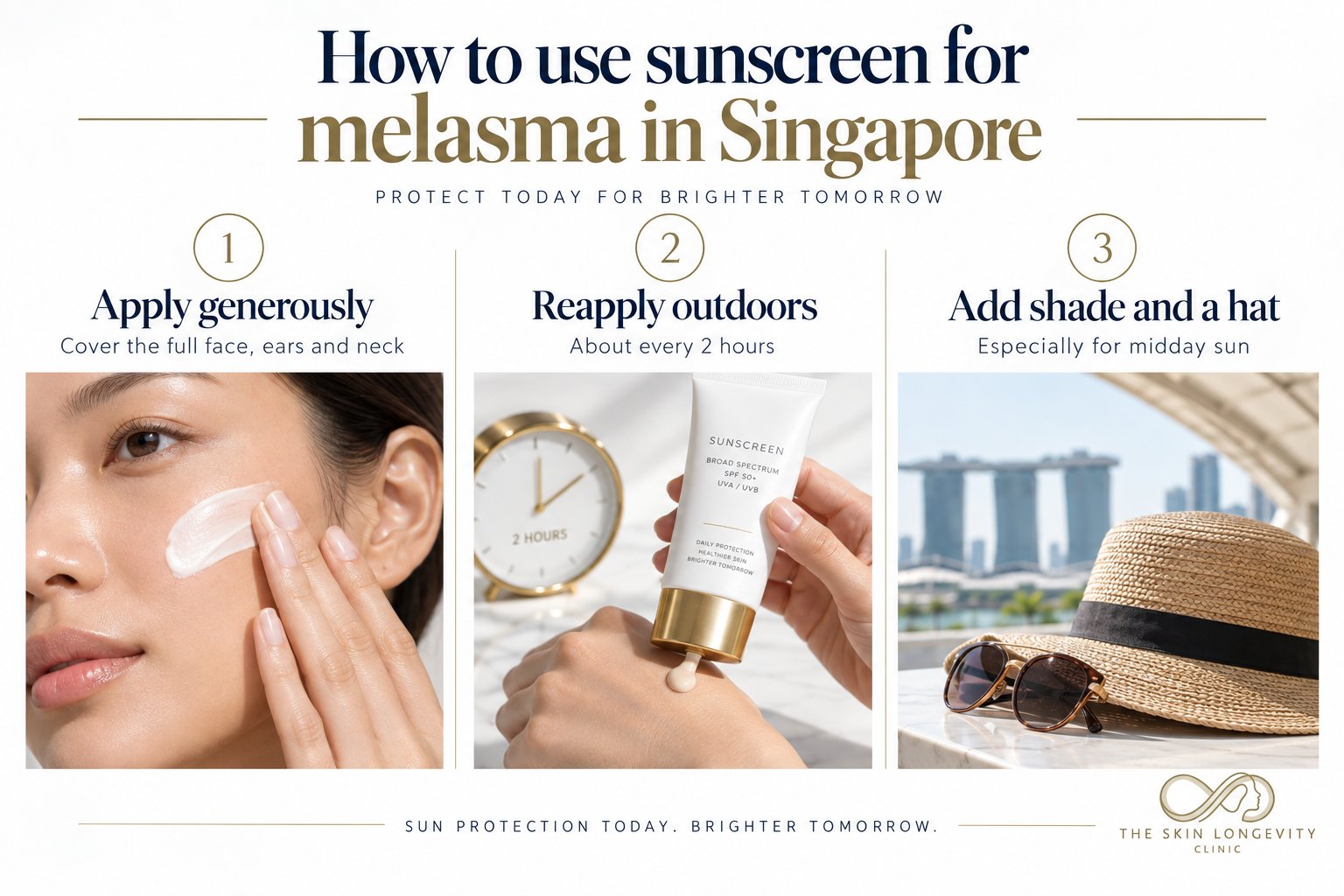 How to use sunscreen for melasma in Singapore: apply generously to the full face, ears and neck, reapply about every 2 hours outdoors, and add shade and a hat for midday sun