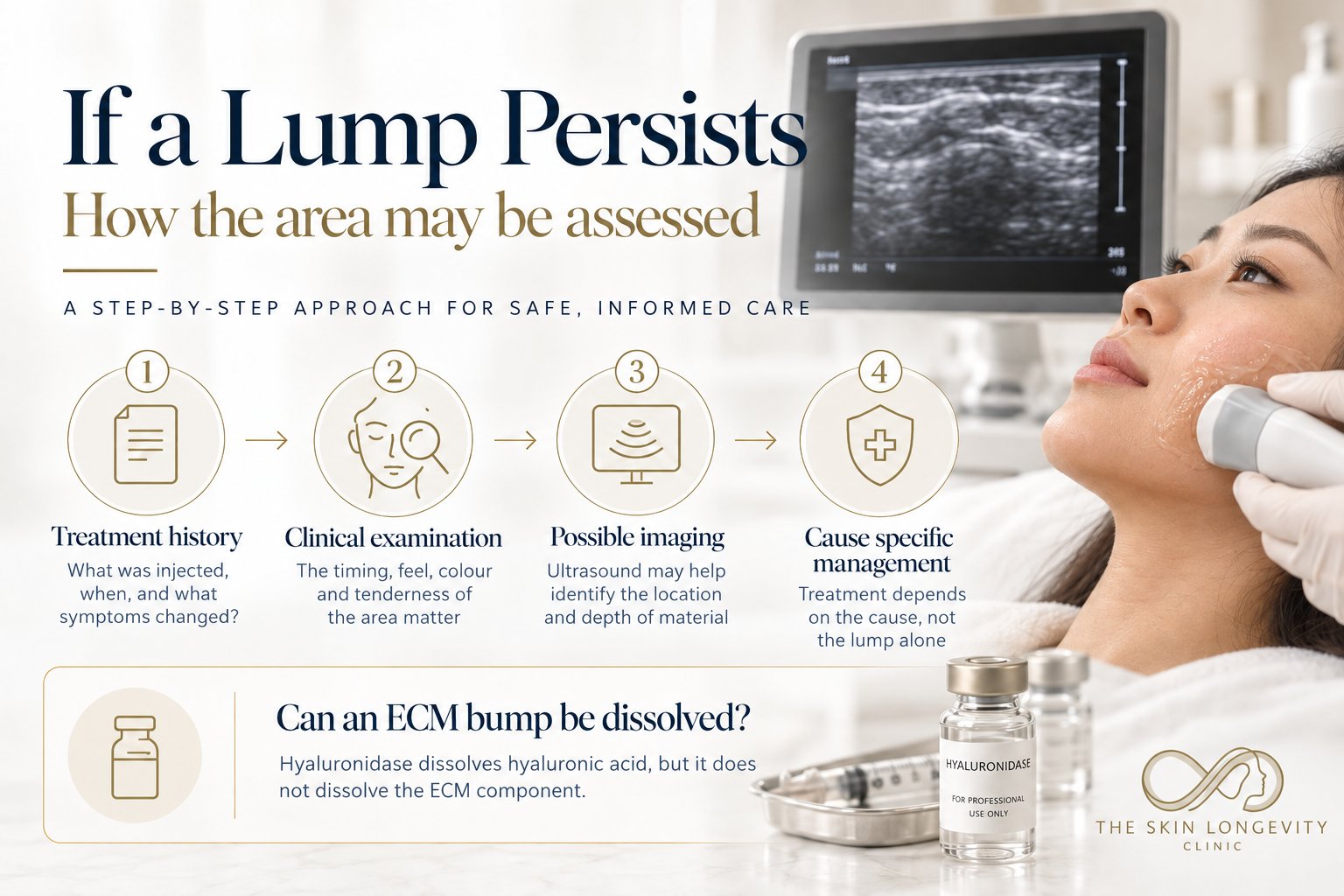 If an ECM skin booster lump persists: treatment history, clinical examination, possible ultrasound imaging and cause specific management, and why hyaluronidase does not dissolve the ECM component