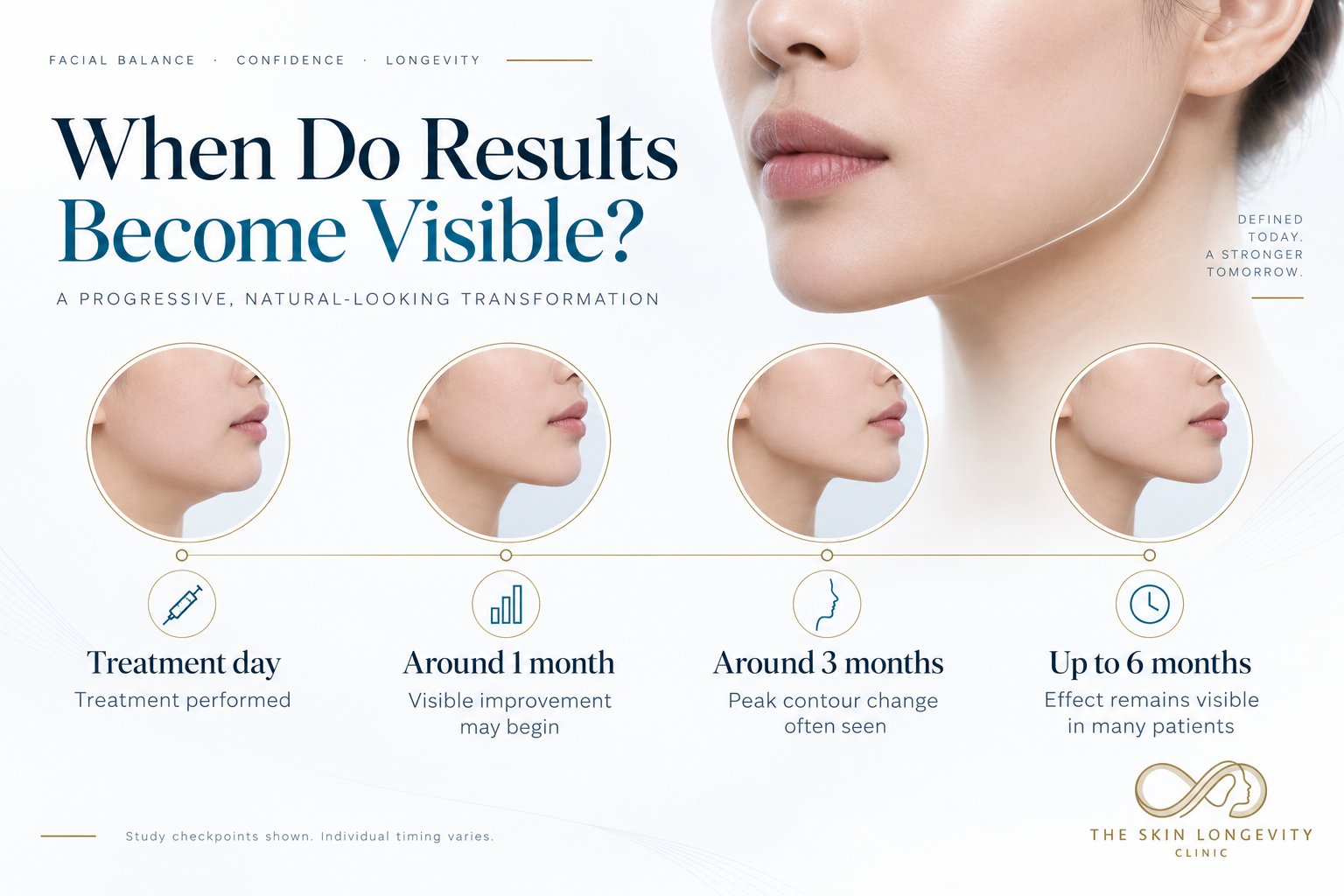 When jaw slimming results become visible: treatment day, visible improvement around one month, peak contour change around three months, effect remaining visible up to six months