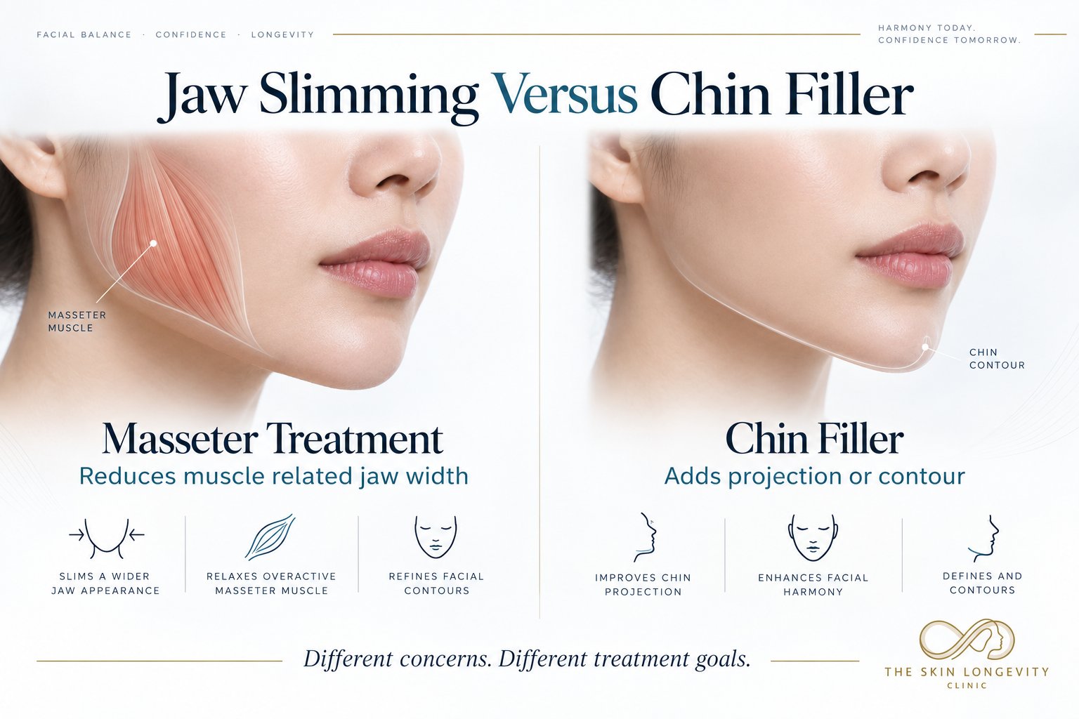 Jaw slimming versus chin filler: masseter treatment reduces muscle related jaw width while chin filler adds projection or contour