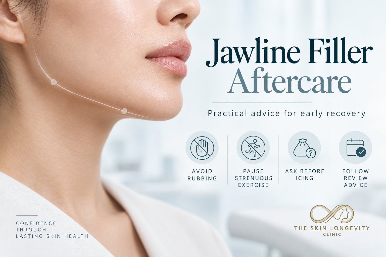 Jawline filler aftercare: avoid rubbing, pause strenuous exercise, ask before icing, follow review advice