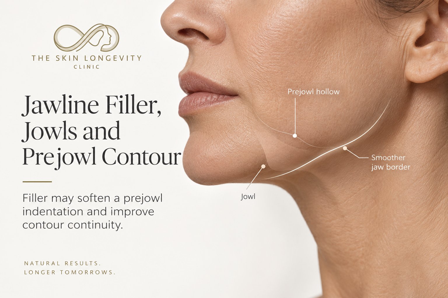 Jawline filler for jowls and prejowl contour: filler may soften a prejowl indentation and smooth the jaw border
