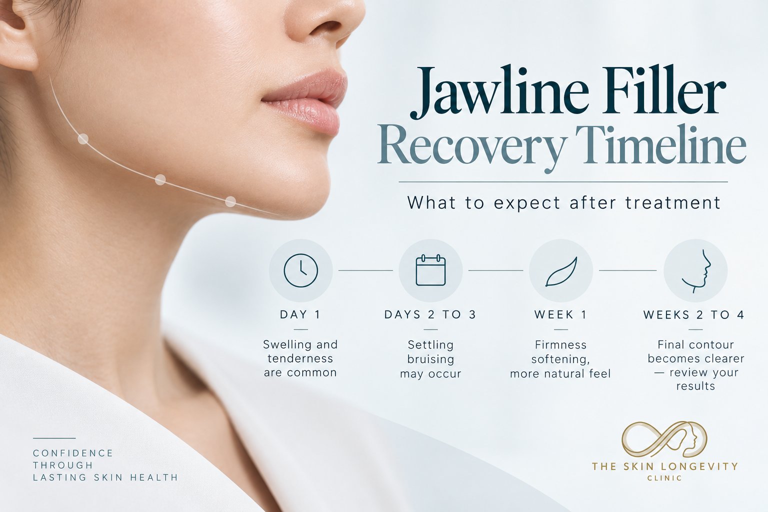 Jawline filler recovery timeline: day 1 swelling and tenderness, days 2 to 3 bruising settles, week 1 firmness softens, weeks 2 to 4 final contour and review