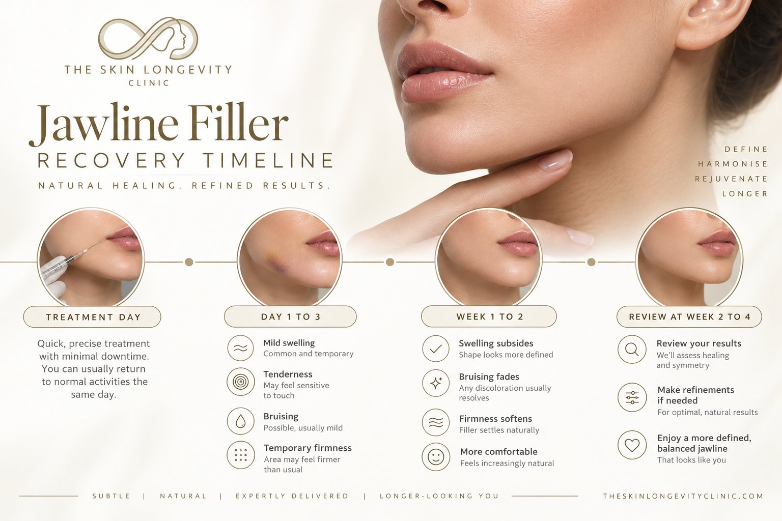 Jawline filler recovery timeline: treatment day, days 1 to 3, weeks 1 to 2 and review at weeks 2 to 4