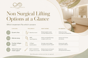 Chart matching dynamic lines, mild skin laxity, collagen loss and facial volume loss to different non surgical treatments