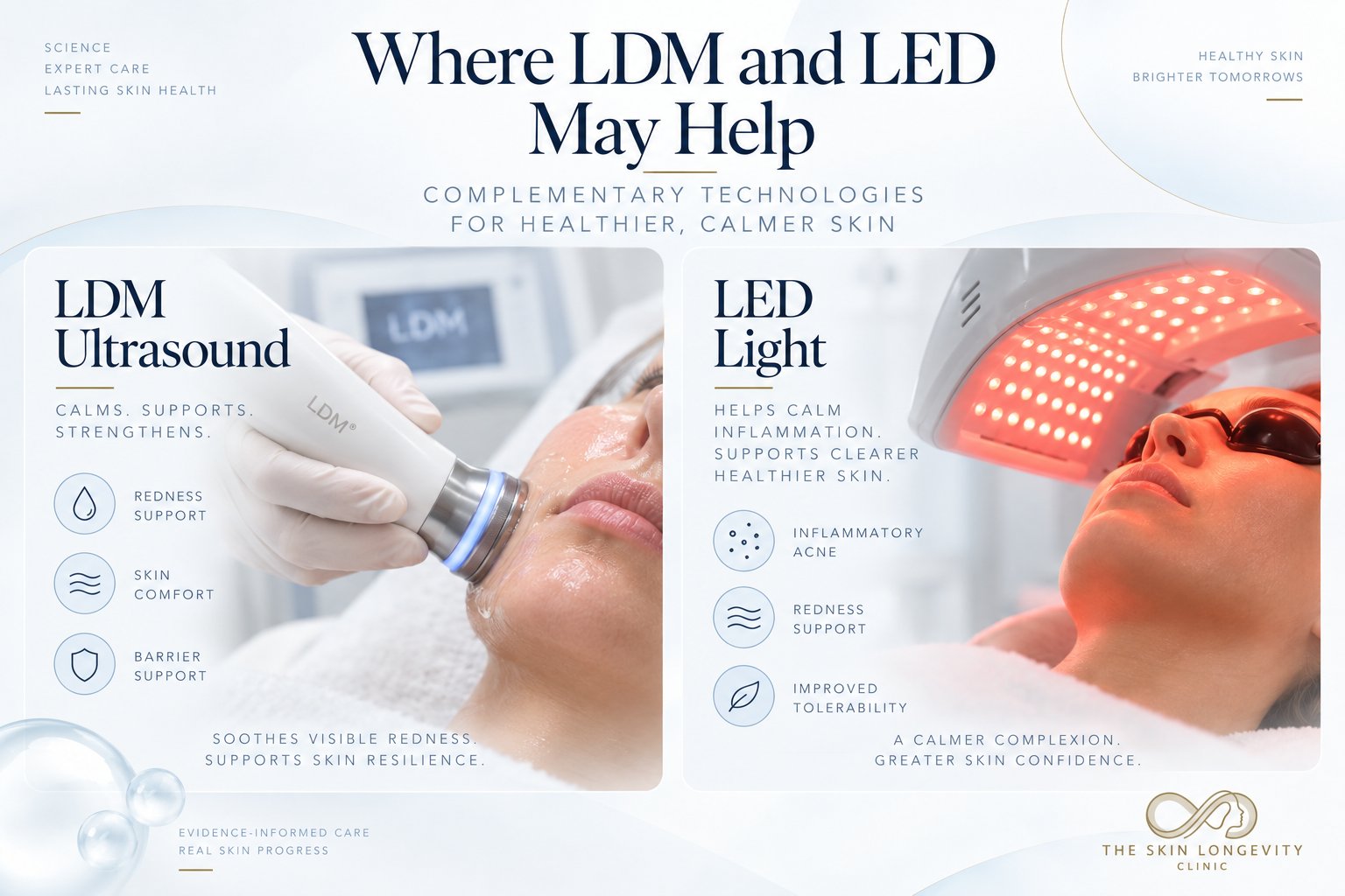 LDM ultrasound for redness, skin comfort and barrier support, and LED light for inflammatory acne, redness and improved tolerability