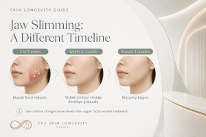 Jaw treatment timeline showing reduced masseter activity, gradual lower face contour change and recovery of muscle function over several months
