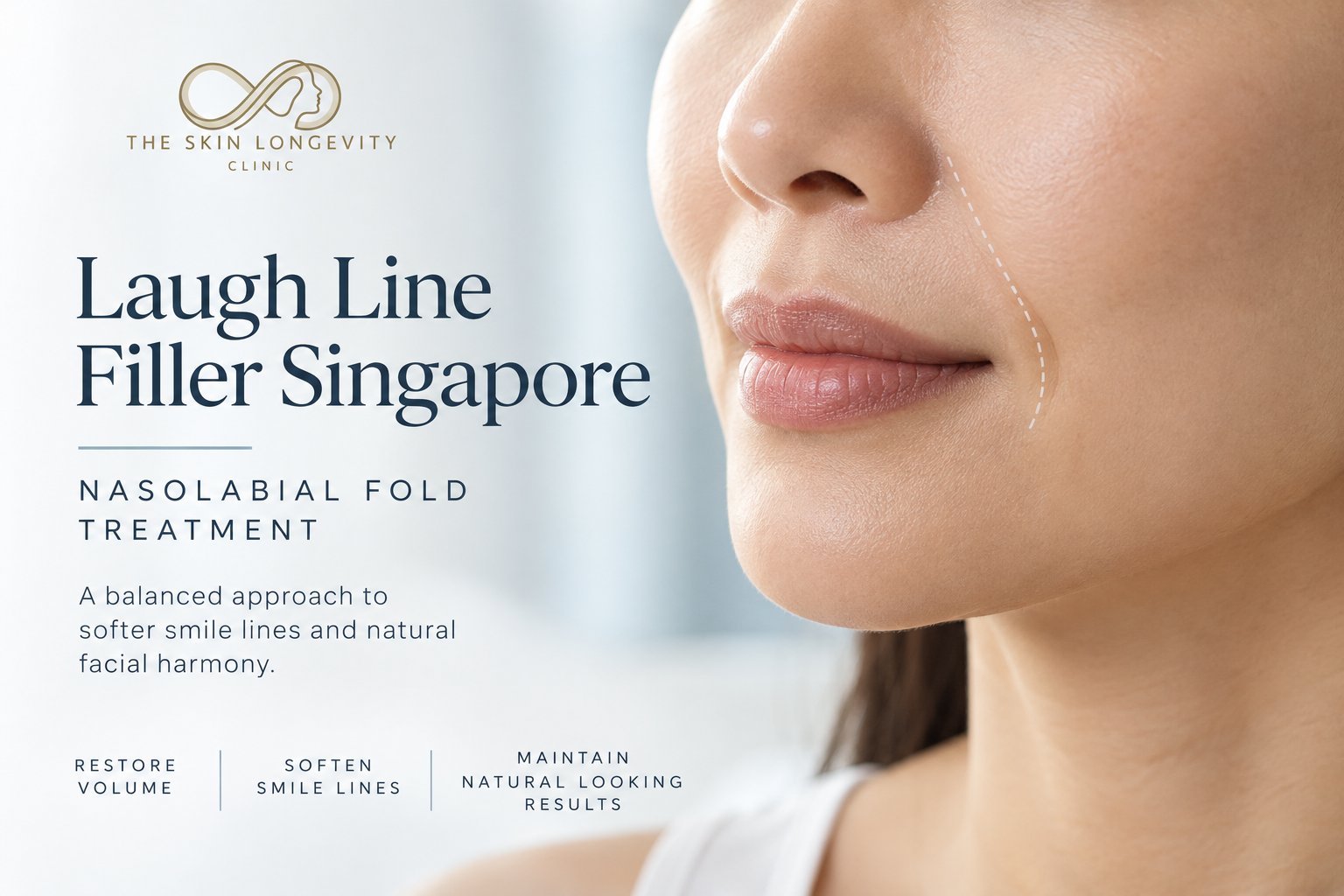Nasolabial fold (smile line) close-up: the area that swells and feels firm after laugh line filler