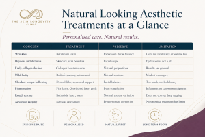 Table matching wrinkles, dryness, collagen decline, laxity, facial hollowing, pigmentation and rough texture to suitable aesthetic treatment categories