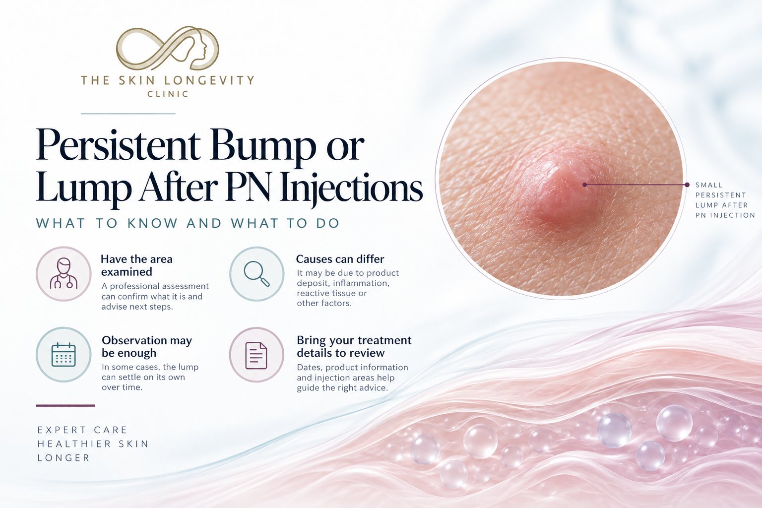 Persistent bump or lump after PN injections: have the area examined, causes can differ, observation may be enough, and bring treatment details to the review
