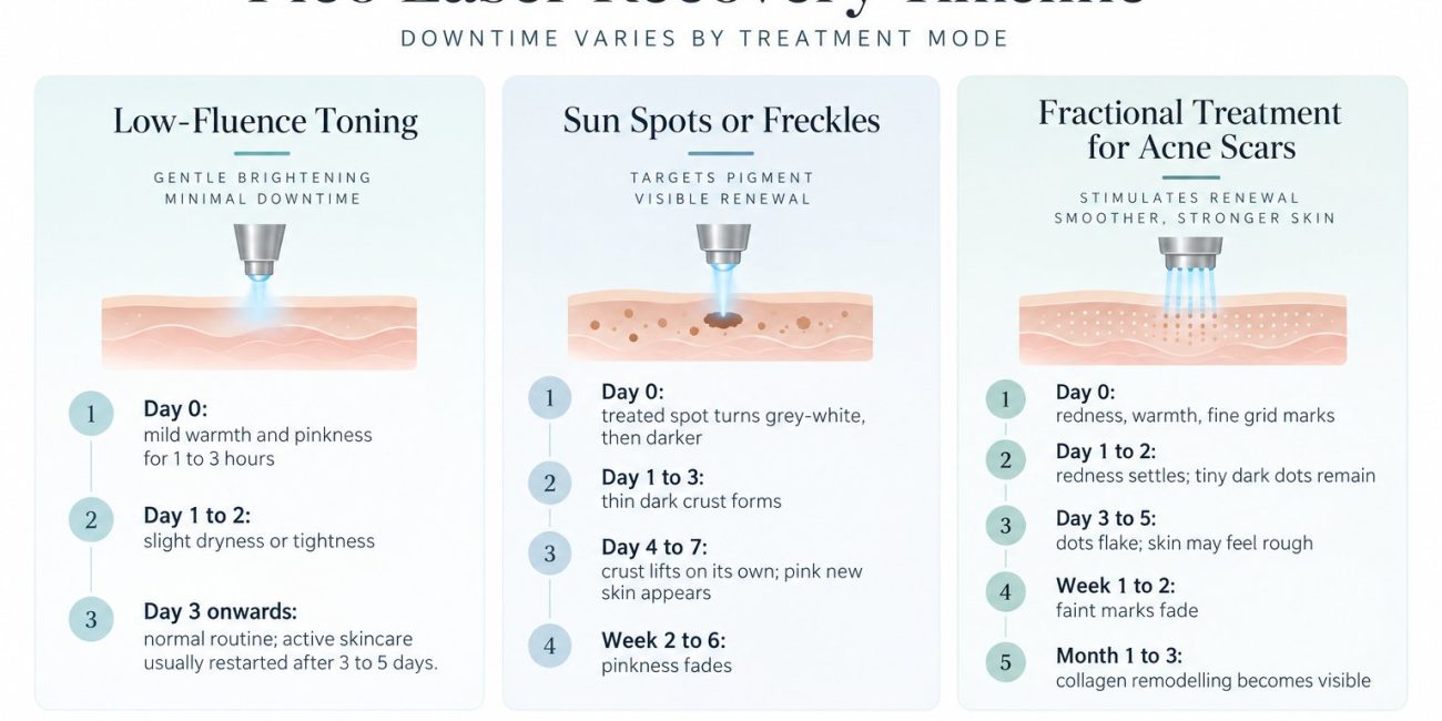 Pico laser downtime and recovery timeline by treatment mode: low-fluence toning, sun spot treatment and fractional acne scar treatment
