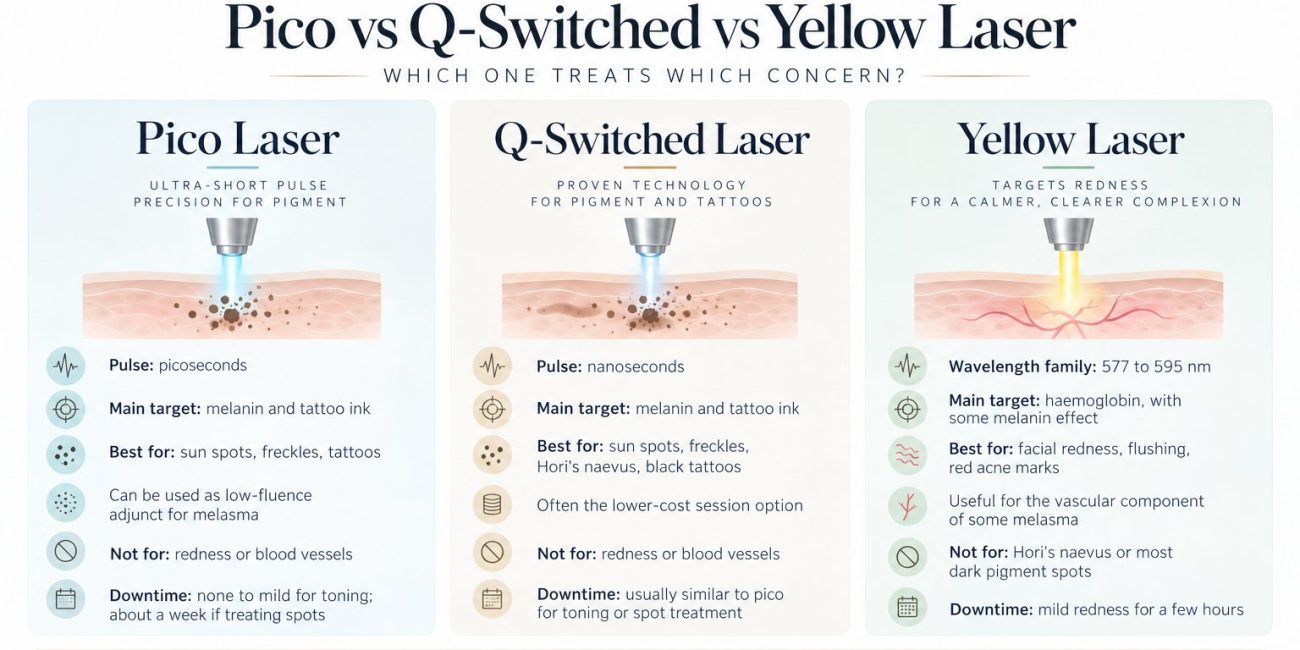 Pico laser vs Q-switched vs yellow laser comparison: pulse, target, best for, downtime