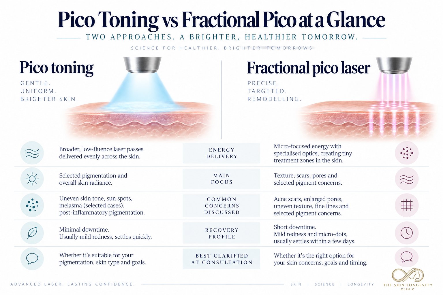 Pico toning vs fractional pico laser at a glance: energy delivery, main focus, common concerns discussed, recovery profile and what is best clarified at consultation