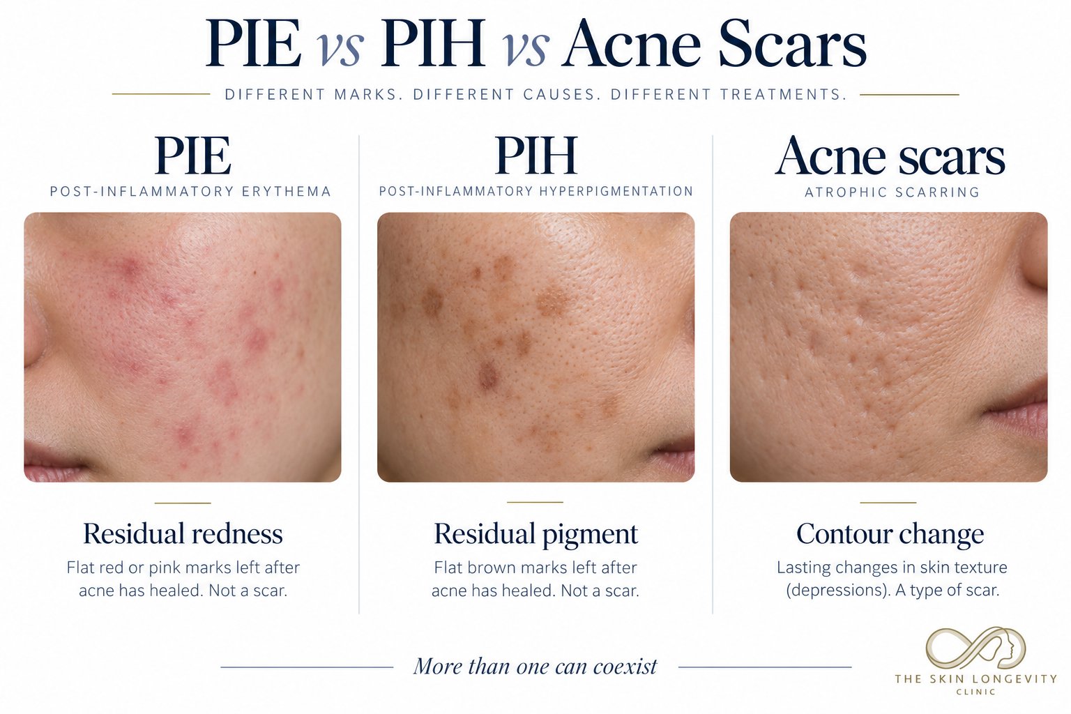 PIE versus PIH versus acne scars: flat red post inflammatory erythema, flat brown post inflammatory hyperpigmentation and atrophic acne scars with contour change; more than one can coexist