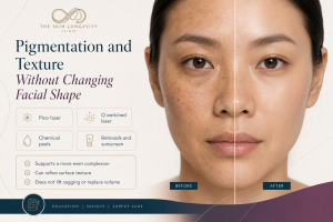 Conceptual split face showing uneven pigmentation and rough texture compared with a more even complexion while facial shape remains unchanged