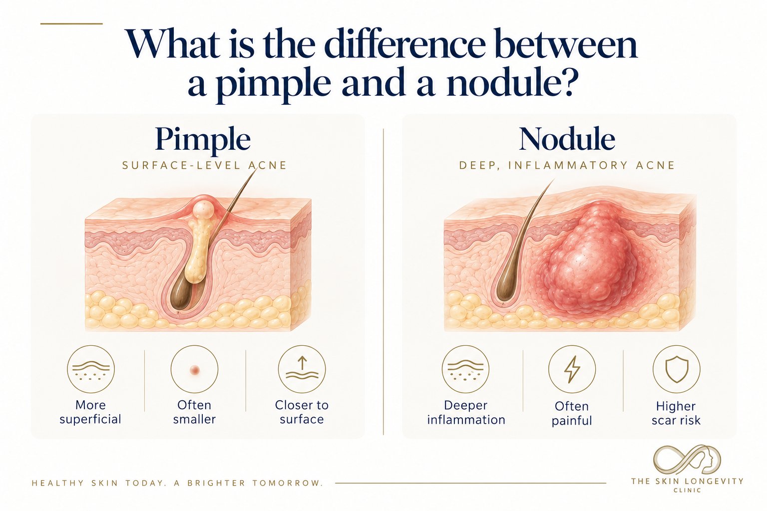 Difference between a pimple and a nodule in cystic acne: a superficial pimple close to the surface versus a deep inflammatory nodule that is often painful with higher scar risk
