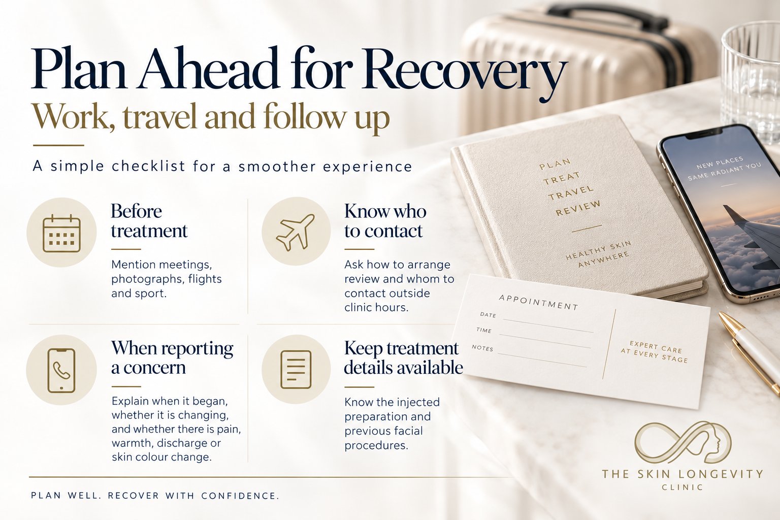 Plan ahead for ECM skin booster recovery: mention events before treatment, know who to contact, what to explain when reporting a concern, and keep treatment details available