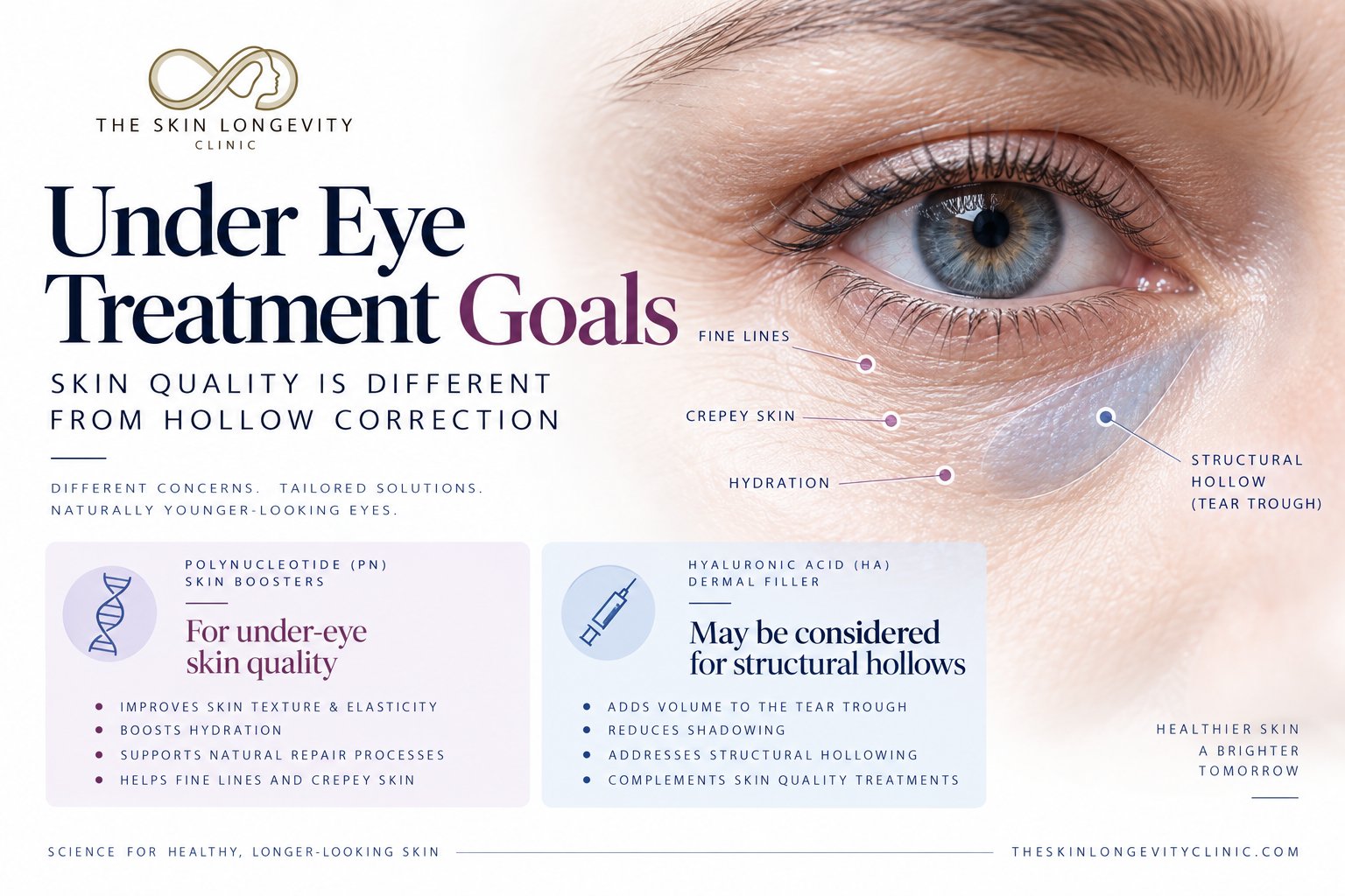 Under eye treatment goals: polynucleotide skin boosters for under-eye skin quality compared with hyaluronic acid filler for structural tear trough hollows