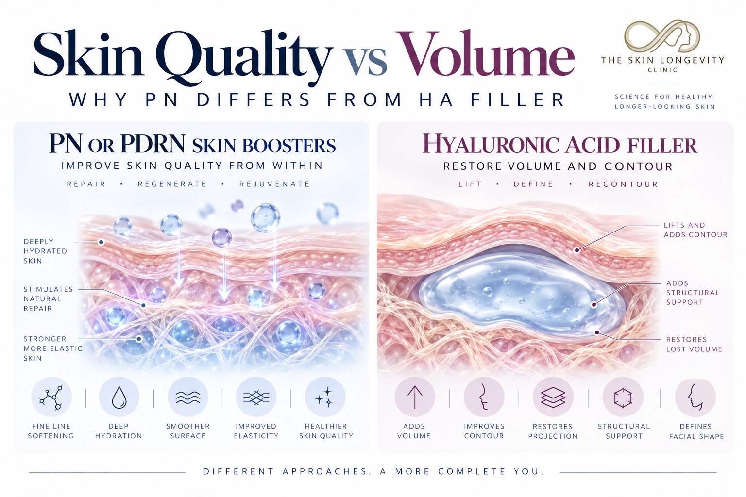 Skin quality versus volume: PN or PDRN skin boosters improve hydration, elasticity and texture, while hyaluronic acid filler restores volume, contour and structural support
