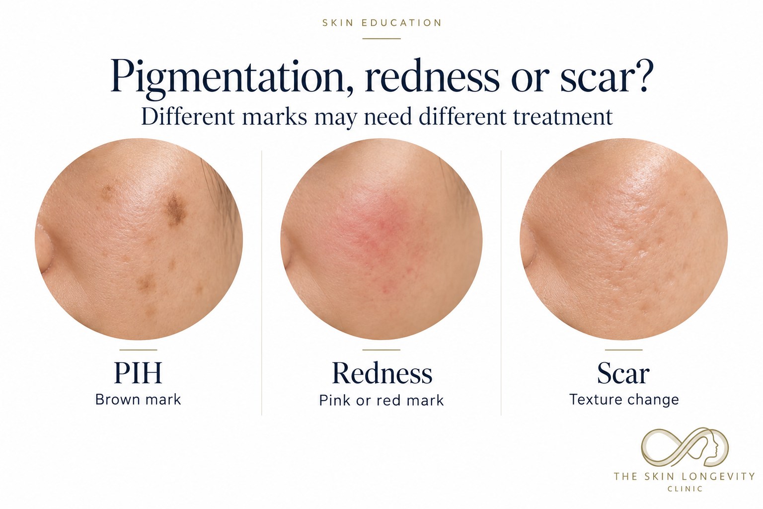 PIH vs redness vs scar: a brown mark, a pink or red mark and a texture change after acne may need different treatment