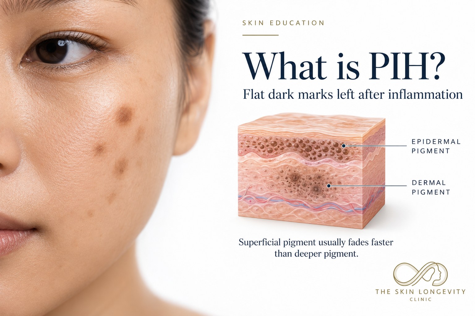 What is PIH: flat dark marks left after inflammation, with epidermal pigment that fades faster than deeper dermal pigment