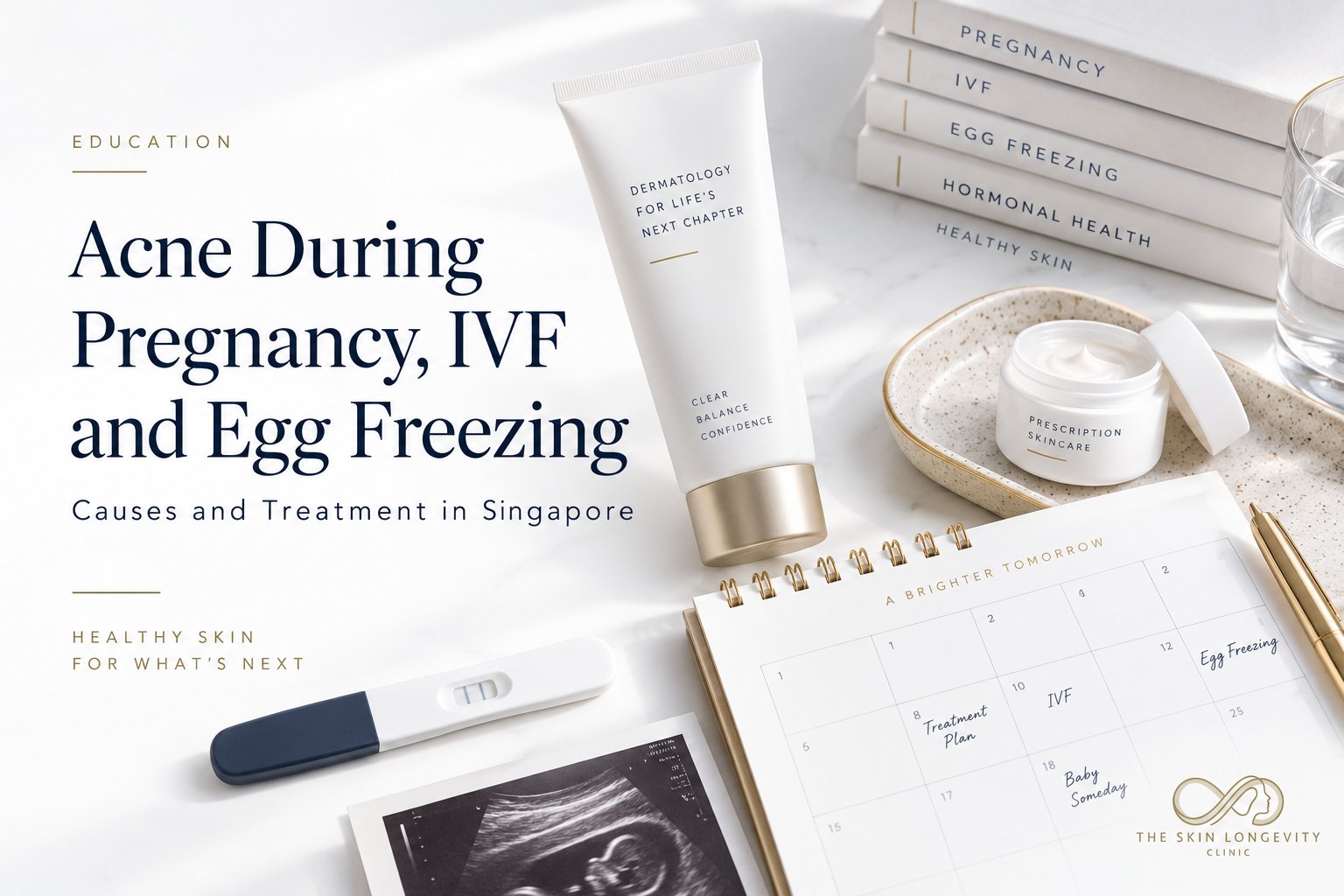 Acne during pregnancy, IVF and egg freezing: causes and treatment in Singapore, with prescription skincare, a pregnancy test and a fertility treatment calendar