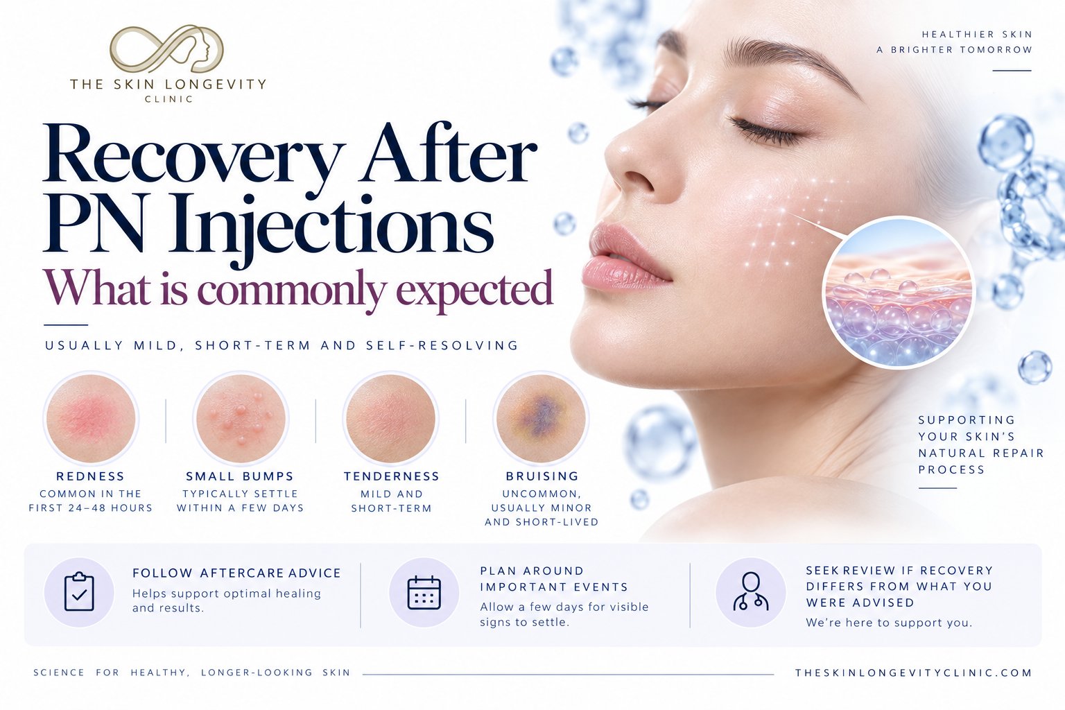 Recovery after PN injections: redness in the first 24 to 48 hours, small bumps settling within a few days, mild tenderness and uncommon minor bruising