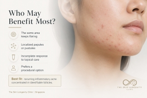 Example of localised recurring inflammatory acne on the cheek and jawline that may be considered for selective sebaceous gland ablation after medical assessment.