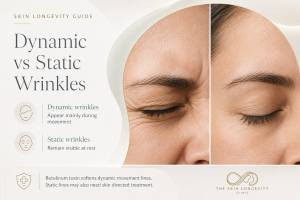 Close up comparison of expression lines caused by movement and fixed wrinkles that remain visible at rest