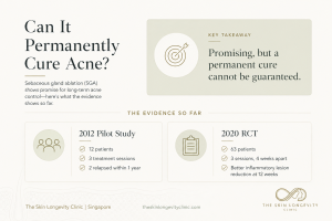 Clinical evidence infographic summarising studies of selective sebaceous gland ablation for acne, including a 2012 pilot study and 2020 randomised controlled trial.