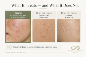 Comparison showing that selective sebaceous gland ablation treats active recurrent acne but does not remove post-acne pigmentation or indented acne scars.