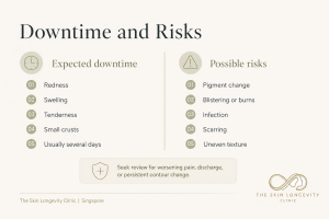 Infographic showing expected downtime and potential risks after selective sebaceous gland ablation, including redness, swelling, crusting, pigment change and scarring.