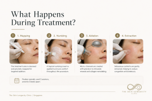 Four steps of selective sebaceous gland ablation for acne: follicle mapping, numbing, targeted radiofrequency treatment and extraction.