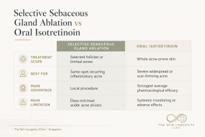 Clinical evidence infographic summarising studies of selective sebaceous gland ablation for acne, including a 2012 pilot study and 2020 randomised controlled trial.