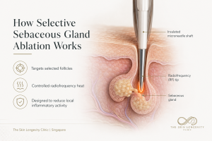 Medical illustration of selective sebaceous gland electrothermolysis using an insulated microneedle and radiofrequency energy to target a sebaceous gland.