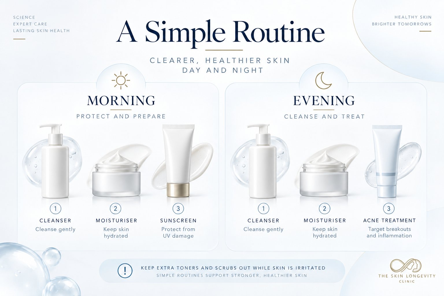A simple skincare routine for acne and irritated skin: cleanser, moisturiser and sunscreen in the morning; cleanser, moisturiser and acne treatment in the evening; keep extra toners and scrubs out while skin is irritated