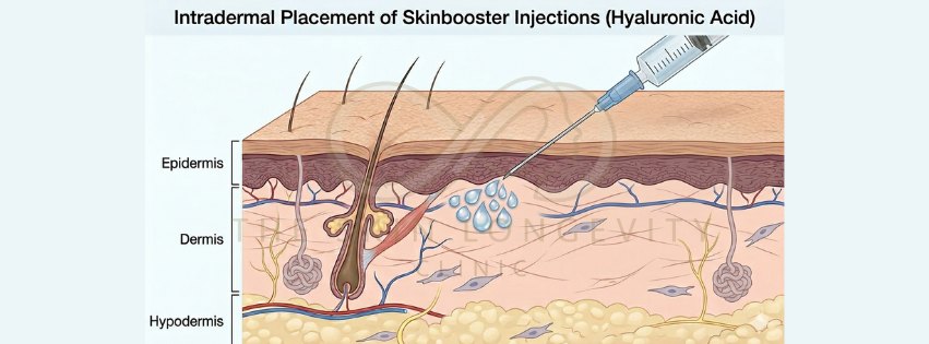 Skin booster injection in Singapore: intradermal placement of hyaluronic acid in the dermis, above the hypodermis