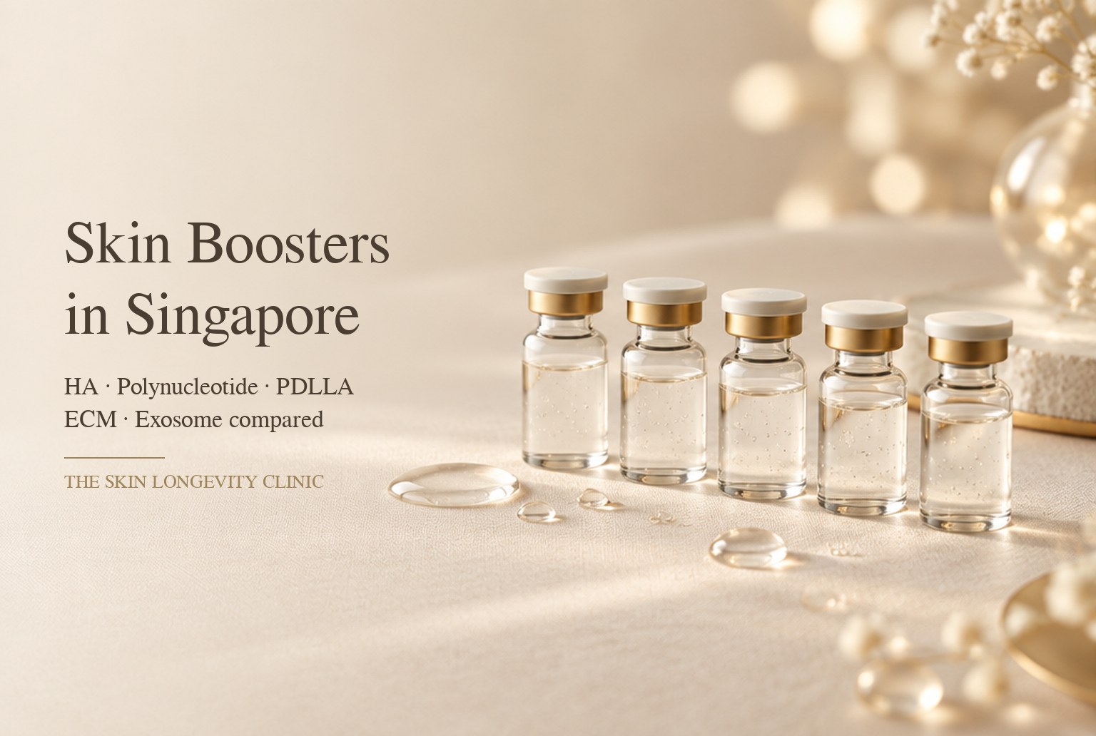Skin boosters in Singapore: hyaluronic acid, polynucleotide, PDLLA, ECM and exosome skin booster vials at The Skin Longevity Clinic