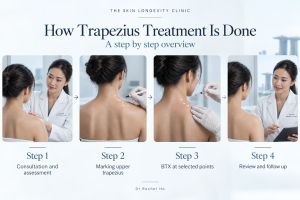 Step by step trapezius BTX procedure in Singapore showing consultation marking of the upper trapezius injection at selected points and follow up review