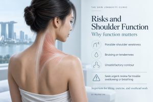 Infographic on trapezius BTX risks in Singapore showing possible shoulder weakness bruising tenderness contour dissatisfaction and importance of shoulder function
