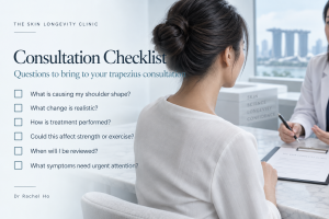 Consultation checklist for trapezius treatment in Singapore covering realistic change procedure shoulder strength review timing and urgent symptoms