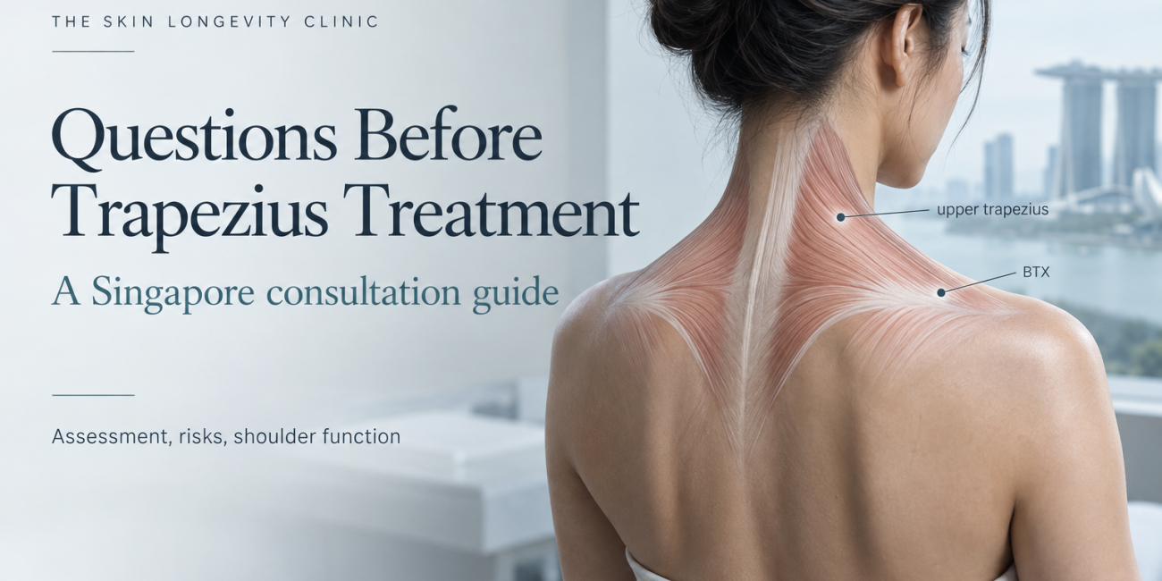 Singapore trapezius treatment consultation guide showing upper trapezius anatomy and BTX treatment area for shoulder contour assessment