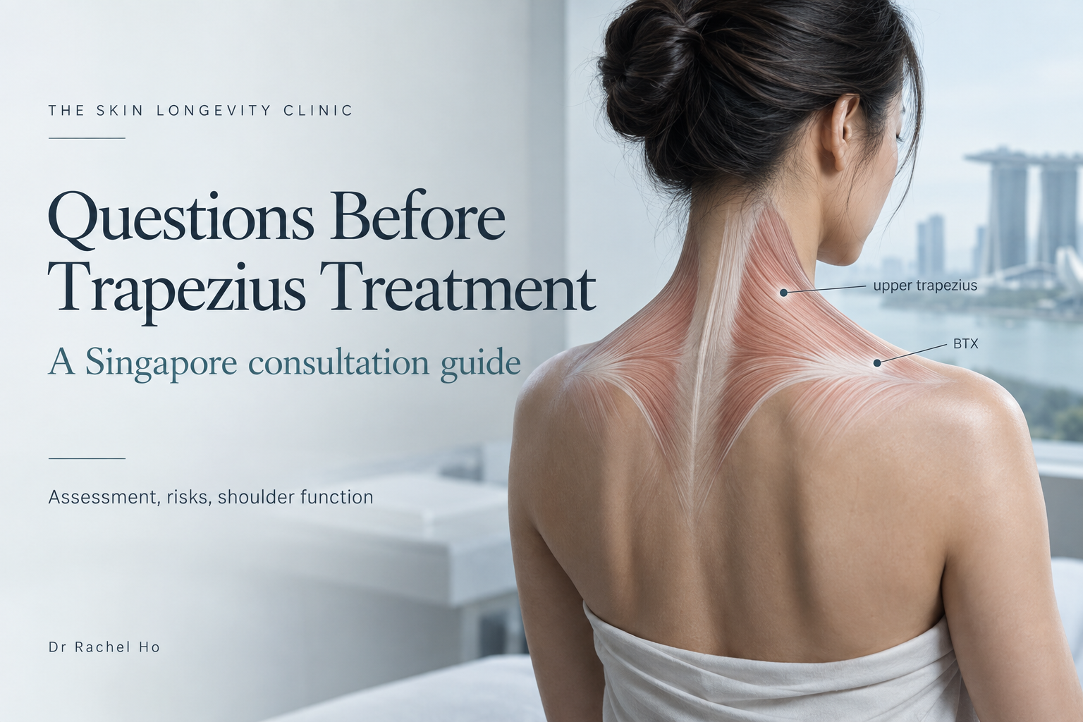 Singapore trapezius treatment consultation guide showing upper trapezius anatomy and BTX treatment area for shoulder contour assessment
