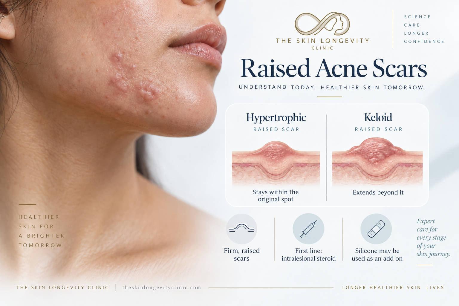 Raised acne scar diagrams comparing a hypertrophic scar within the original lesion boundary with a keloid extending beyond it