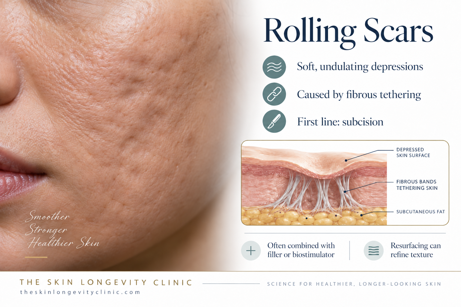 Rolling scar illustration with a skin cross section showing fibrous bands pulling the skin surface into a shallow, wavy depression