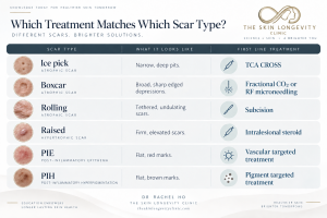 Chart matching ice pick, boxcar, rolling and raised scars to treatment approaches, with separate rows for red PIE and brown PIH marks.