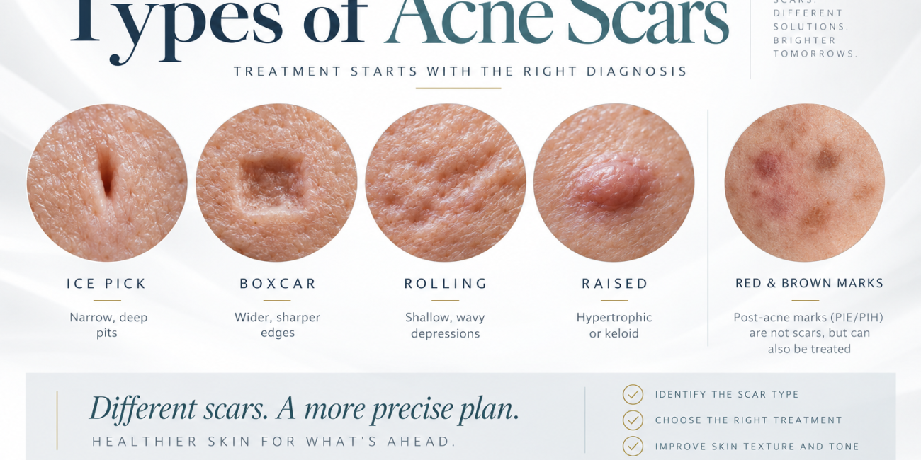 Illustrated comparison of ice pick, boxcar, rolling and raised acne scars, with flat red and brown acne marks shown separately.