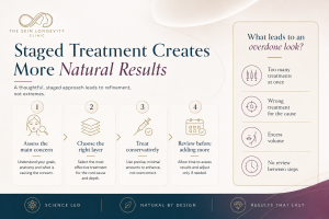 Four step aesthetic treatment sequence showing assessment, selection of the correct tissue layer, conservative treatment and review before adding more