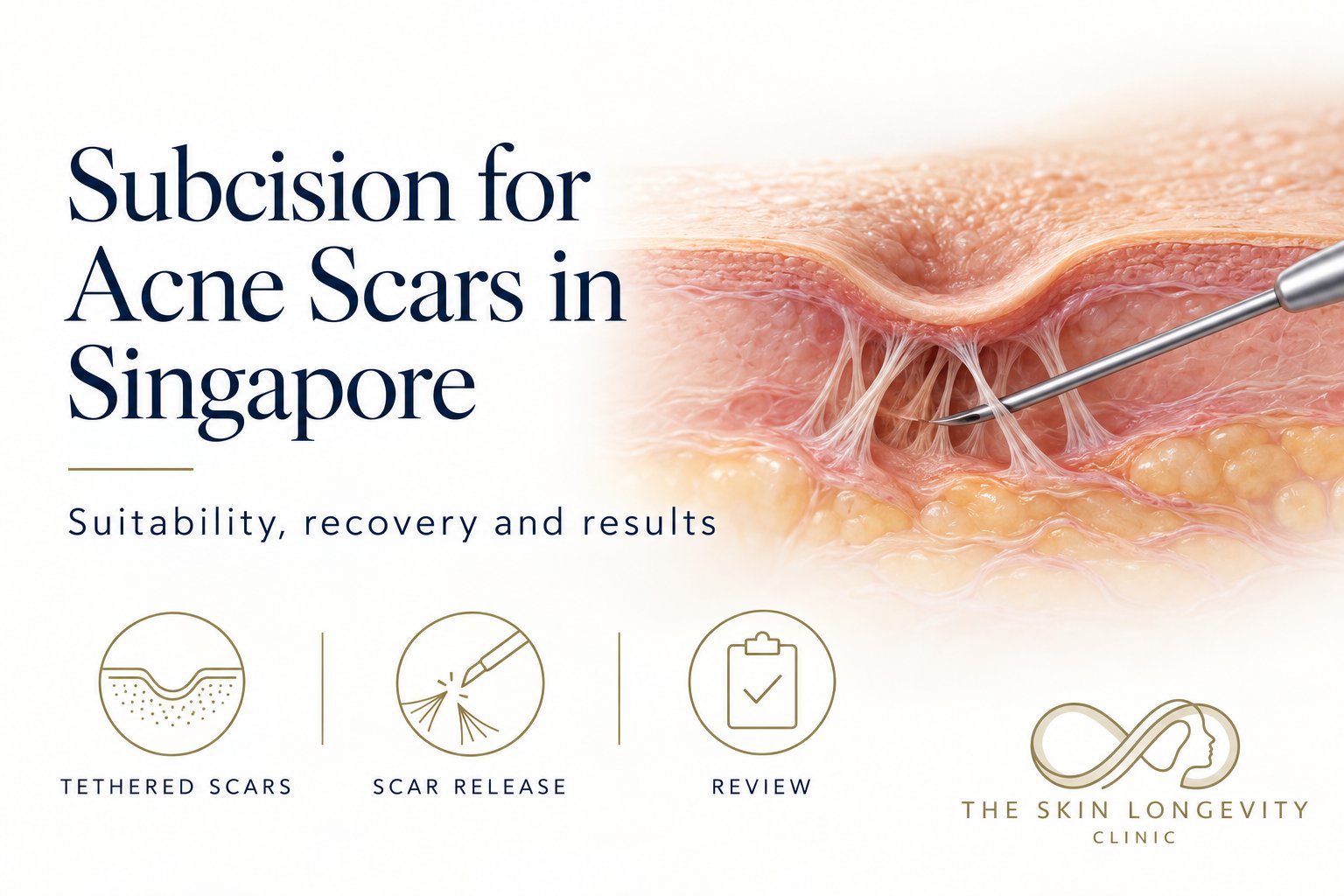 Subcision for acne scars in Singapore infographic showing a tethered rolling scar being released, with icons for tethered scars, scar release and review